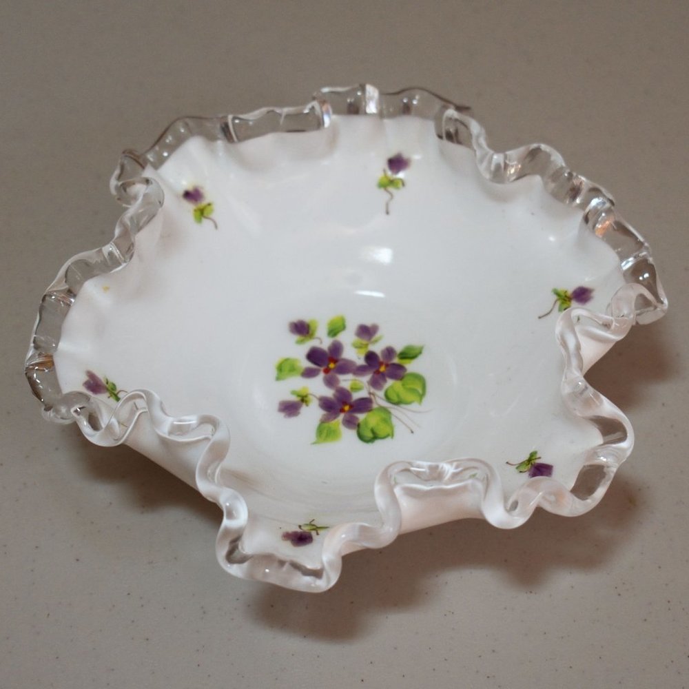 Vintage Fenton Violets in the Snow Milk Glass Ruffled Candy Dish 6" Handmade
